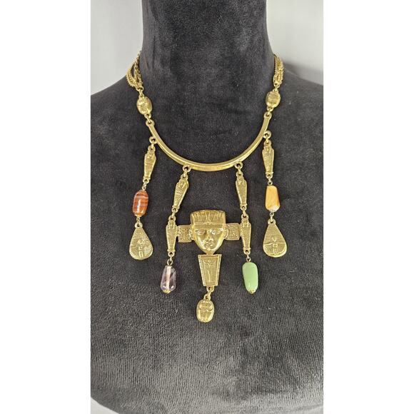 Vintage Goldette Necklace Egyptian Revival Dangling Glass Stones Gold-Tone AeB - Picture 1 of 6